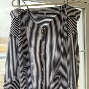 Collective Concepts Navy & White Striped Cold-Shoulder Button Front Blouse